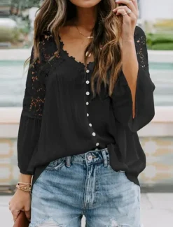 Clearance Women's White Elegant Lace Tops Eyelet Blouse Stylish Modern Lace Bell Sleeve 3/4 Length Sleeve V Neck Work Daily Black White Purple Green Spring Fall Women Lace Tops