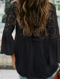 Clearance Women's White Elegant Lace Tops Eyelet Blouse Stylish Modern Lace Bell Sleeve 3/4 Length Sleeve V Neck Work Daily Black White Purple Green Spring Fall Women Lace Tops