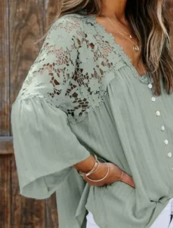 Clearance Women's White Elegant Lace Tops Eyelet Blouse Stylish Modern Lace Bell Sleeve 3/4 Length Sleeve V Neck Work Daily Black White Purple Green Spring Fall Women Lace Tops