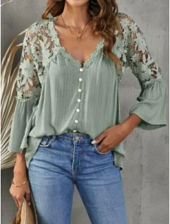 Clearance Women's White Elegant Lace Tops Eyelet Blouse Stylish Modern Lace Bell Sleeve 3/4 Length Sleeve V Neck Work Daily Black White Purple Green Spring Fall Women Lace Tops