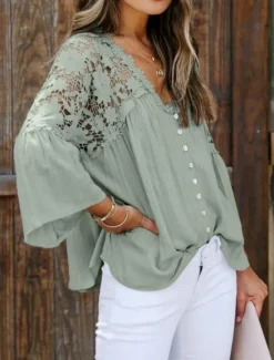 Clearance Women's White Elegant Lace Tops Eyelet Blouse Stylish Modern Lace Bell Sleeve 3/4 Length Sleeve V Neck Work Daily Black White Purple Green Spring Fall Women Lace Tops