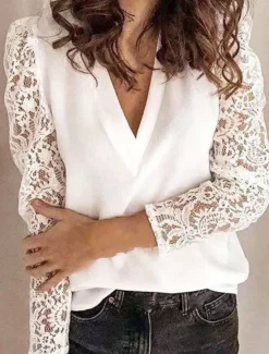 Hot Women's White Elegant Lace Tops Eyelet Blouse Casual Solid Color Regular Tops Long Sleeve V Neck Lace Patchwork Regular Fit Daily Black White Pink Romantic Petite Tops Summer Holiday Wear Women Lace Tops