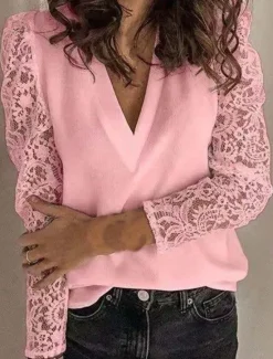 Hot Women's White Elegant Lace Tops Eyelet Blouse Casual Solid Color Regular Tops Long Sleeve V Neck Lace Patchwork Regular Fit Daily Black White Pink Romantic Petite Tops Summer Holiday Wear Women Lace Tops