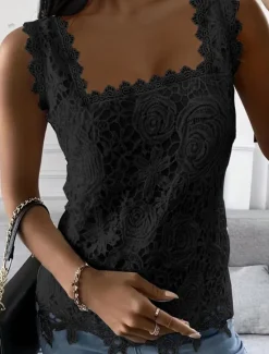 New Women's White Elegant Lace Tops Eyelet Blouse Sexy Sleeveless Floral Semi-Sheer Square Neckline Scalloped Trim Fashion Slim Fit Date Casual Party Romantic Petite Tops Summer Holiday Wear Women Lace Tops