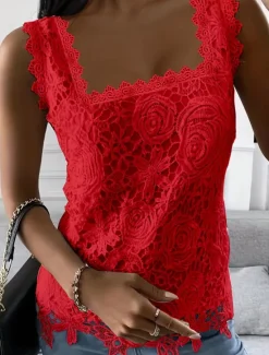 New Women's White Elegant Lace Tops Eyelet Blouse Sexy Sleeveless Floral Semi-Sheer Square Neckline Scalloped Trim Fashion Slim Fit Date Casual Party Romantic Petite Tops Summer Holiday Wear Women Lace Tops