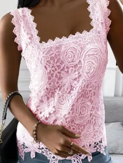 New Women's White Elegant Lace Tops Eyelet Blouse Sexy Sleeveless Floral Semi-Sheer Square Neckline Scalloped Trim Fashion Slim Fit Date Casual Party Romantic Petite Tops Summer Holiday Wear Women Lace Tops