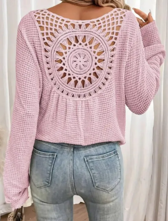 New Women's White Elegant Lace Tops Eyelet Blouse Stylish Casual Solid Color Eyelet Long Sleeve Crew Neck Daily Romantic Petite Tops Summer Holiday Wear Grass Green Pink Blue Beige Summer Spring Fall Women Lace Tops