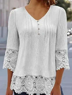 Outlet Women's White Elegant Lace Tops Eyelet Blouse Stylish Casual Solid Color Lace Buttons 3 4 Length Sleeve Regular Tops V Neck Daily Romantic Petite Tops Summer Holiday Wear White Pink Blue Gray Spring Women Lace Tops