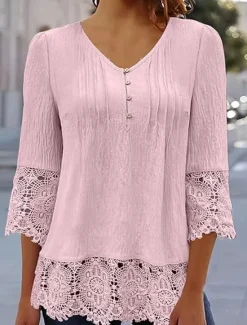 Outlet Women's White Elegant Lace Tops Eyelet Blouse Stylish Casual Solid Color Lace Buttons 3 4 Length Sleeve Regular Tops V Neck Daily Romantic Petite Tops Summer Holiday Wear White Pink Blue Gray Spring Women Lace Tops