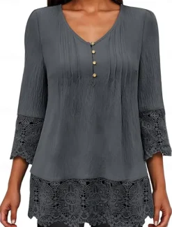 Outlet Women's White Elegant Lace Tops Eyelet Blouse Stylish Casual Solid Color Lace Buttons 3 4 Length Sleeve Regular Tops V Neck Daily Romantic Petite Tops Summer Holiday Wear White Pink Blue Gray Spring Women Lace Tops