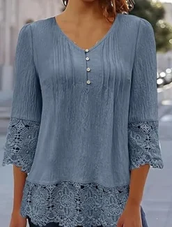 Outlet Women's White Elegant Lace Tops Eyelet Blouse Stylish Casual Solid Color Lace Buttons 3 4 Length Sleeve Regular Tops V Neck Daily Romantic Petite Tops Summer Holiday Wear White Pink Blue Gray Spring Women Lace Tops
