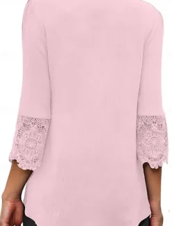 Outlet Women's White Elegant Lace Tops Eyelet Blouse Stylish Casual Solid Color Lace Buttons 3 4 Length Sleeve Regular Tops V Neck Daily Romantic Petite Tops Summer Holiday Wear White Pink Blue Gray Spring Women Lace Tops