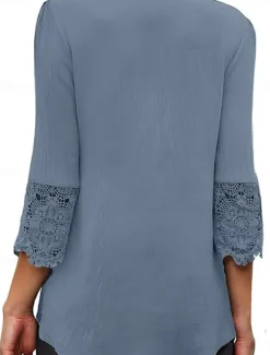 Outlet Women's White Elegant Lace Tops Eyelet Blouse Stylish Casual Solid Color Lace Buttons 3 4 Length Sleeve Regular Tops V Neck Daily Romantic Petite Tops Summer Holiday Wear White Pink Blue Gray Spring Women Lace Tops