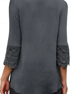 Outlet Women's White Elegant Lace Tops Eyelet Blouse Stylish Casual Solid Color Lace Buttons 3 4 Length Sleeve Regular Tops V Neck Daily Romantic Petite Tops Summer Holiday Wear White Pink Blue Gray Spring Women Lace Tops