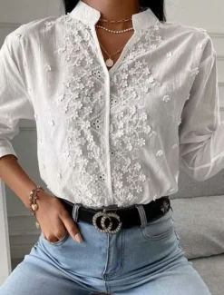 Hot Women's Elegant Lace Tops Eyelet Blouse Stylish Modern Solid Color Long Sleeve High Neck Embroidered Hollow Out Regular Fit Work Daily Romantic Petite Tops Summer Holiday Wear Spring Fall Women Lace Tops