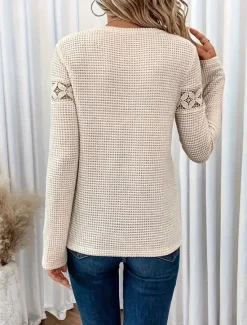 Online Women's White Elegant Lace Tops Eyelet Blouse Casual Long Sleeve Regular Tops Crew Neck Daily Romantic Petite Tops Summer Holiday Wear Black White Red Light Brown Spring Fall Women Lace Tops