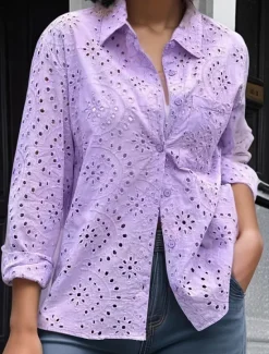 Best Women's White Elegant Lace Tops Eyelet Blouse Floral Regular Tops Long Sleeve Shirt Collar Buttons Eyelet Regular Fit Daily Romantic Petite Tops Summer Holiday Wear White Purple Women Lace Tops