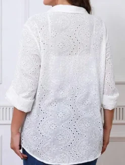 Best Women's White Elegant Lace Tops Eyelet Blouse Floral Regular Tops Long Sleeve Shirt Collar Buttons Eyelet Regular Fit Daily Romantic Petite Tops Summer Holiday Wear White Purple Women Lace Tops