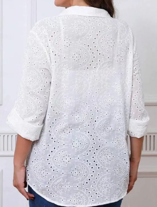 Best Women's White Elegant Lace Tops Eyelet Blouse Floral Regular Tops Long Sleeve Shirt Collar Buttons Eyelet Regular Fit Daily Romantic Petite Tops Summer Holiday Wear White Purple Women Lace Tops