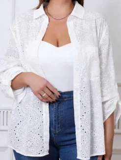 Best Women's White Elegant Lace Tops Eyelet Blouse Floral Regular Tops Long Sleeve Shirt Collar Buttons Eyelet Regular Fit Daily Romantic Petite Tops Summer Holiday Wear White Purple Women Lace Tops