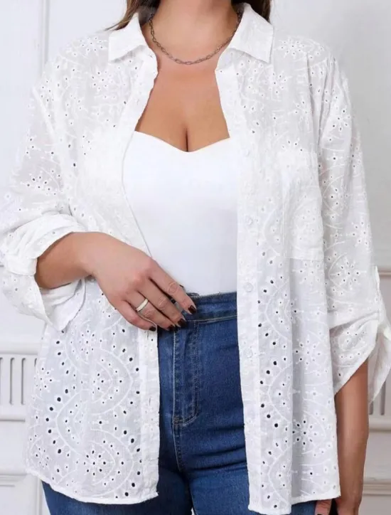 Best Women's White Elegant Lace Tops Eyelet Blouse Floral Regular Tops Long Sleeve Shirt Collar Buttons Eyelet Regular Fit Daily Romantic Petite Tops Summer Holiday Wear White Purple Women Lace Tops