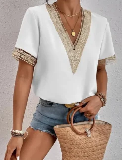 New Women's White Elegant Lace Tops Eyelet Blouse T Shirt Burgundy Tee Plain Regular Tops Short Sleeve V Neck Regular Fit Daily Weekend Romantic Petite Tops Summer Holiday Wear Black White Wine Women Lace Tops