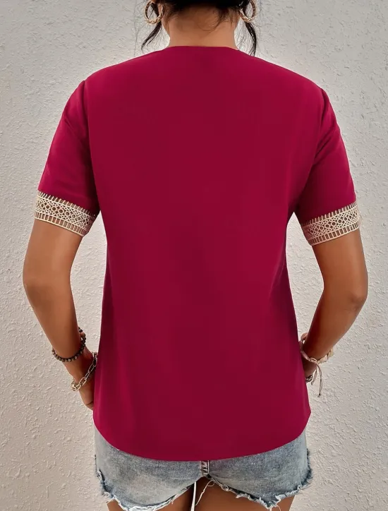 New Women's White Elegant Lace Tops Eyelet Blouse T Shirt Burgundy Tee Plain Regular Tops Short Sleeve V Neck Regular Fit Daily Weekend Romantic Petite Tops Summer Holiday Wear Black White Wine Women Lace Tops
