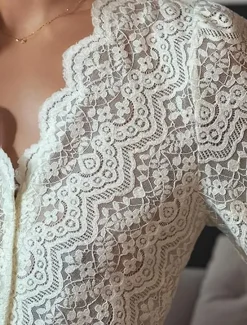 Clearance Women's White Elegant Lace Tops Eyelet Blouse Casual Solid Color Regular Tops Long Sleeve V Neck Lace Patchwork Regular Fit Daily Romantic Petite Tops Summer Holiday Wear Black White Beige Women Lace Tops