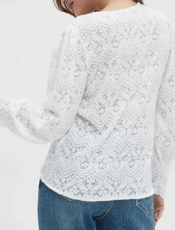 Clearance Women's White Elegant Lace Tops Eyelet Blouse Casual Solid Color Regular Tops Long Sleeve V Neck Lace Patchwork Regular Fit Daily Romantic Petite Tops Summer Holiday Wear Black White Beige Women Lace Tops