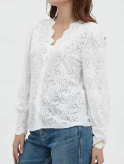 Clearance Women's White Elegant Lace Tops Eyelet Blouse Casual Solid Color Regular Tops Long Sleeve V Neck Lace Patchwork Regular Fit Daily Romantic Petite Tops Summer Holiday Wear Black White Beige Women Lace Tops