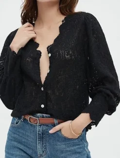 Clearance Women's White Elegant Lace Tops Eyelet Blouse Casual Solid Color Regular Tops Long Sleeve V Neck Lace Patchwork Regular Fit Daily Romantic Petite Tops Summer Holiday Wear Black White Beige Women Lace Tops
