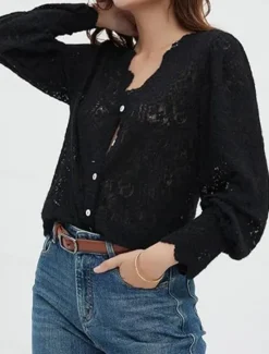Clearance Women's White Elegant Lace Tops Eyelet Blouse Casual Solid Color Regular Tops Long Sleeve V Neck Lace Patchwork Regular Fit Daily Romantic Petite Tops Summer Holiday Wear Black White Beige Women Lace Tops