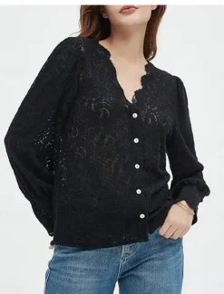 Clearance Women's White Elegant Lace Tops Eyelet Blouse Casual Solid Color Regular Tops Long Sleeve V Neck Lace Patchwork Regular Fit Daily Romantic Petite Tops Summer Holiday Wear Black White Beige Women Lace Tops