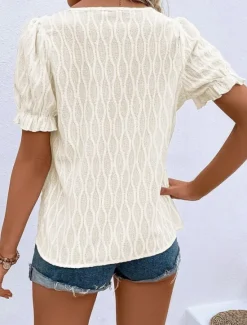 New Women's White Elegant Lace Tops Eyelet Blouse Fashion Modern Casual Plain Regular Tops Long Sleeve Notched Neck Regular Fit Daily Weekend Romantic Petite Tops Summer Holiday Wear Summer Spring Women Lace Tops