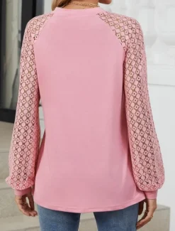 Online Women's White Elegant Lace Tops Eyelet Blouse Fashion Casual Lace Mesh Long Sleeve Regular Tops Crew Neck Daily Romantic Petite Tops Summer Holiday Wear Black White Pink Blue Summer Spring Fall Women Lace Tops