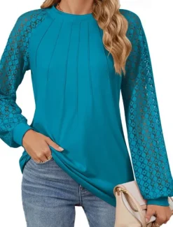 Online Women's White Elegant Lace Tops Eyelet Blouse Fashion Casual Lace Mesh Long Sleeve Regular Tops Crew Neck Daily Romantic Petite Tops Summer Holiday Wear Black White Pink Blue Summer Spring Fall Women Lace Tops