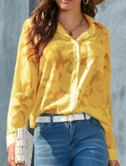 New Women's White Elegant Lace Tops Eyelet Blouse Casual Solid Color Regular Tops Long Sleeve Shirt Collar Buttons Pocket Regular Fit Daily Romantic Petite Tops Summer Holiday Wear White Yellow Purple Women Lace Tops