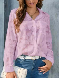 New Women's White Elegant Lace Tops Eyelet Blouse Casual Solid Color Regular Tops Long Sleeve Shirt Collar Buttons Pocket Regular Fit Daily Romantic Petite Tops Summer Holiday Wear White Yellow Purple Women Lace Tops