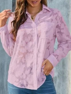 New Women's White Elegant Lace Tops Eyelet Blouse Casual Solid Color Regular Tops Long Sleeve Shirt Collar Buttons Pocket Regular Fit Daily Romantic Petite Tops Summer Holiday Wear White Yellow Purple Women Lace Tops