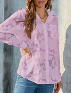 New Women's White Elegant Lace Tops Eyelet Blouse Casual Solid Color Regular Tops Long Sleeve Shirt Collar Buttons Pocket Regular Fit Daily Romantic Petite Tops Summer Holiday Wear White Yellow Purple Women Lace Tops
