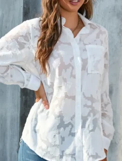 New Women's White Elegant Lace Tops Eyelet Blouse Casual Solid Color Regular Tops Long Sleeve Shirt Collar Buttons Pocket Regular Fit Daily Romantic Petite Tops Summer Holiday Wear White Yellow Purple Women Lace Tops