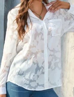 New Women's White Elegant Lace Tops Eyelet Blouse Casual Solid Color Regular Tops Long Sleeve Shirt Collar Buttons Pocket Regular Fit Daily Romantic Petite Tops Summer Holiday Wear White Yellow Purple Women Lace Tops