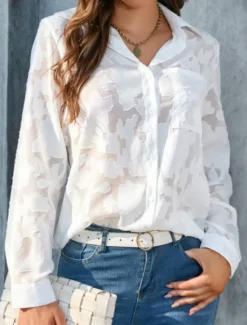 New Women's White Elegant Lace Tops Eyelet Blouse Casual Solid Color Regular Tops Long Sleeve Shirt Collar Buttons Pocket Regular Fit Daily Romantic Petite Tops Summer Holiday Wear White Yellow Purple Women Lace Tops