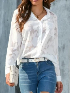 New Women's White Elegant Lace Tops Eyelet Blouse Casual Solid Color Regular Tops Long Sleeve Shirt Collar Buttons Pocket Regular Fit Daily Romantic Petite Tops Summer Holiday Wear White Yellow Purple Women Lace Tops