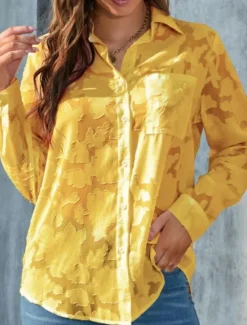 New Women's White Elegant Lace Tops Eyelet Blouse Casual Solid Color Regular Tops Long Sleeve Shirt Collar Buttons Pocket Regular Fit Daily Romantic Petite Tops Summer Holiday Wear White Yellow Purple Women Lace Tops