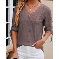 Hot Women's White Elegant Lace Tops Eyelet Blouse Stylish Modern Solid Color Buttons Eyelet 3 4 Length Sleeve V Neck Daily Romantic Petite Tops Summer Holiday Wear White Pink Purple Green Summer Spring Women Lace Tops