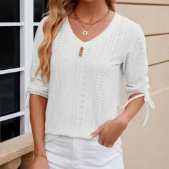 Hot Women's White Elegant Lace Tops Eyelet Blouse Stylish Modern Solid Color Buttons Eyelet 3 4 Length Sleeve V Neck Daily Romantic Petite Tops Summer Holiday Wear White Pink Purple Green Summer Spring Women Lace Tops