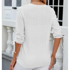 Hot Women's White Elegant Lace Tops Eyelet Blouse Stylish Modern Solid Color Buttons Eyelet 3 4 Length Sleeve V Neck Daily Romantic Petite Tops Summer Holiday Wear White Pink Purple Green Summer Spring Women Lace Tops