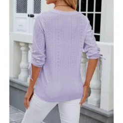 Hot Women's White Elegant Lace Tops Eyelet Blouse Stylish Modern Solid Color Buttons Eyelet 3 4 Length Sleeve V Neck Daily Romantic Petite Tops Summer Holiday Wear White Pink Purple Green Summer Spring Women Lace Tops