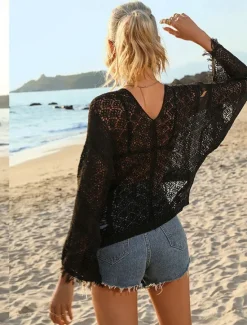 New Women's White Elegant Lace Tops Blouse Eyelet top Sexy Plain Drawstring Crochet Street Daily Vacation Beach V Neck Regular Fit One-Size Black White Khaki Women Lace Tops